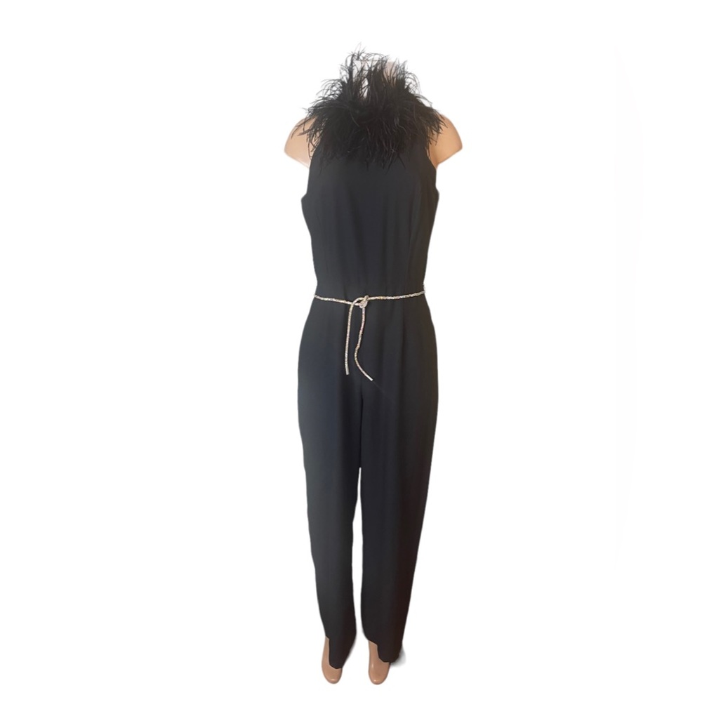 Black vintage jumpsuit feather collar high‎ fashion gotta love it